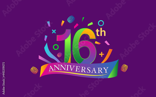 celebration 16th anniversary background with colorful ribbon and confetti. Poster or brochure template. Vector illustration.
