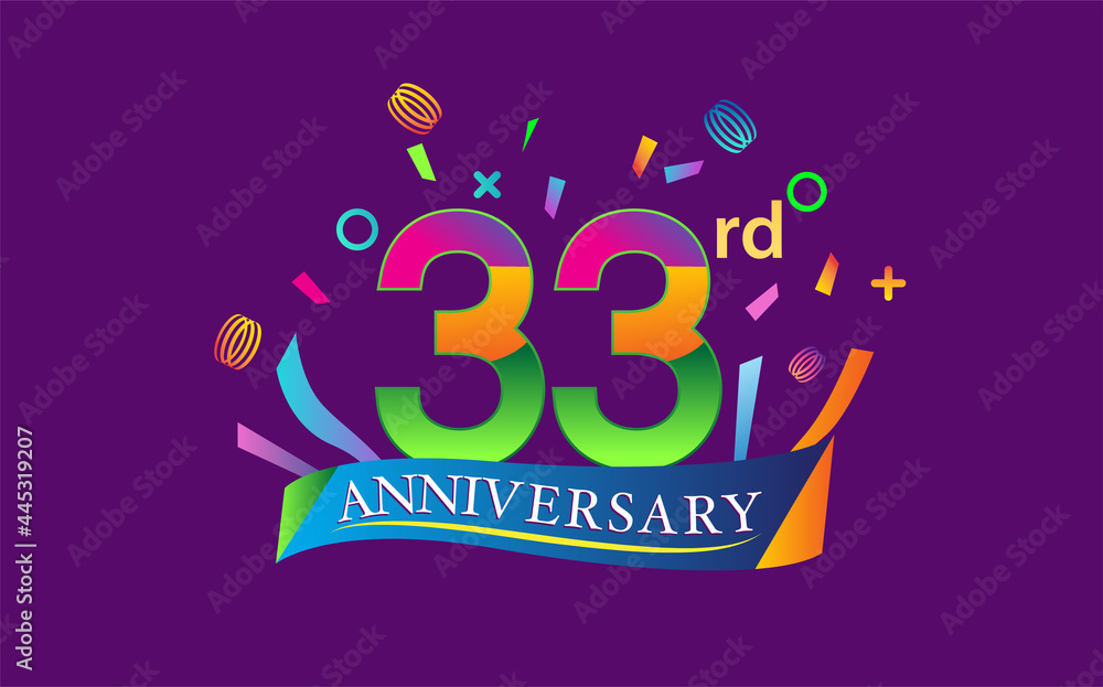 celebration 33rd anniversary background with colorful ribbon and confetti. Poster or brochure template. Vector illustration.