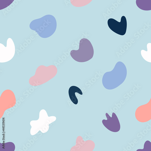 Simple seamless pattern with random irregular organic shapes on light blue background. Vector background design for textile, fabric, wrapping paper. limited palette.