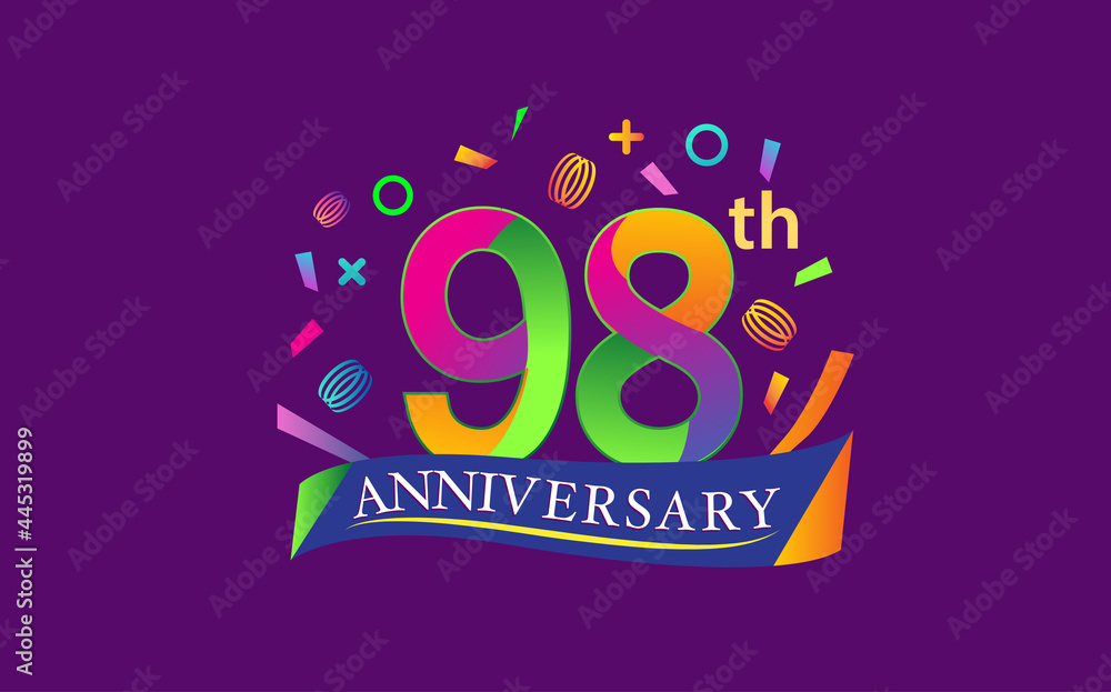 celebration 98th anniversary background with colorful ribbon and confetti. Poster or brochure template. Vector illustration.