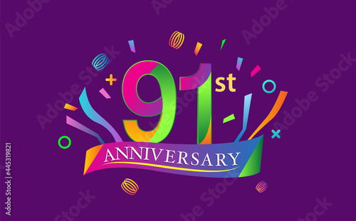 celebration 91st anniversary background with colorful ribbon and confetti. Poster or brochure template. Vector illustration.