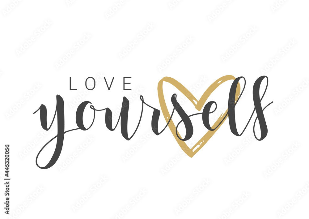 Vector Stock Illustration. Handwritten Lettering of Love Yourself. Template for Banner, Postcard, Poster, Print, Sticker or Web Product. Objects Isolated on White Background.