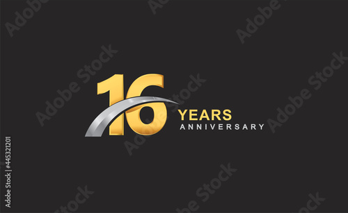 16th years anniversary logo with golden ring and silver swoosh isolated on black background, for birthday and anniversary celebration.