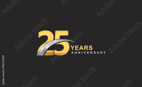 25th years anniversary logo with golden ring and silver swoosh isolated on black background, for birthday and anniversary celebration.
