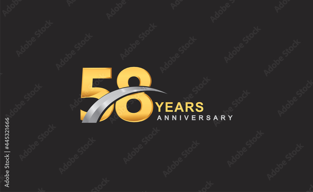 58th years anniversary logo with golden ring and silver swoosh isolated on black background, for birthday and anniversary celebration.