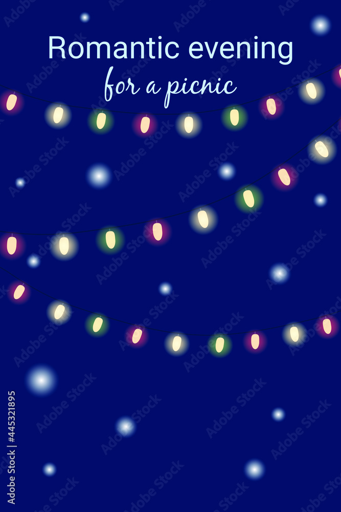 Vector background for summer picnic. Dark background, starry sky, garlands with colored lamps. Evening outdoors, romantic evening Vector background for summer picnic. Dark background, starry sky, garlands with colored lamps. Evening outdoors, romantic evening