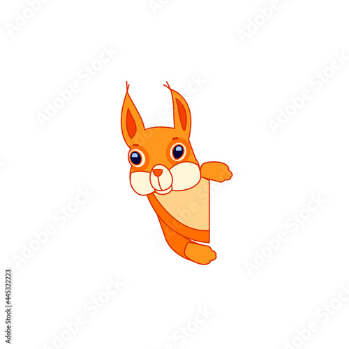Curious red squirrel peeking behind the tree trunk. Cartoon character of a mammalian rodent. A wild forest creature with orange fur. Side view. Vector flat illustration isolated on a white background