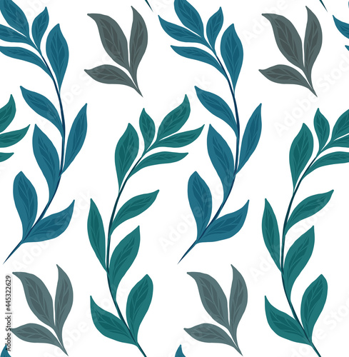 Seamless natural pattern with basil branches on a white background. Texture with hand drawn flat herbs. Fabric with simple branches and leaves. Wallpaper with mint