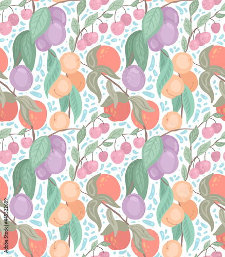 Seamless flat delicate texture with cherries, peaches, plums on branches with foliage on white background with doodle decoration. Cartoon pattern with berries. Vector natural gardening fabric
