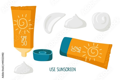Sunscreen cosmetics. SPF cream blocks the sun's rays. Open and closed containers of sunburn cosmetic and cream swatching. Product for Summer Protection set. Sun safety Cartoon vector illustration