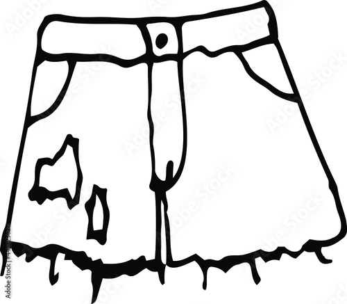 Denim women's shorts with a high waist drawn by hand. Black and white vector illustration.