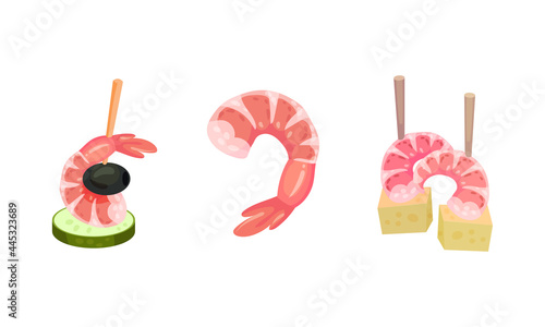 Appetizing Snack with Shrimp or Prawn Canape Vector Set