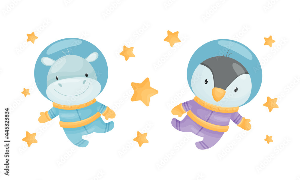 Funny Animals Wearing Astronaut Costumes or Spacesuit Floating in Space Vector Set