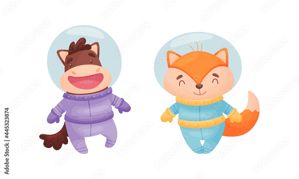 Funny Animals Wearing Astronaut Costumes or Spacesuit Floating in Space Vector Set Funny Animals Wearing Astronaut Costumes or Spacesuit Floating in Space Vector Set