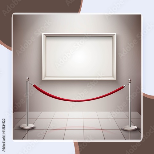 White empty picture frame and rope stanchion realistic exhibition background vector illustration