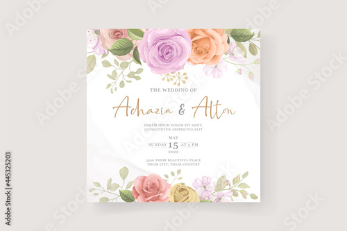 Beautiful soft floral and leaves wedding invitation card design