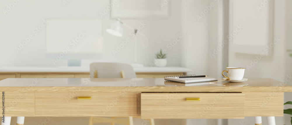 Fototapeta premium Modern office room with wooden table and office supplies