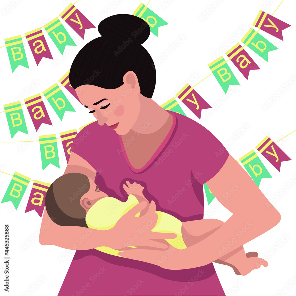 A girl,a young mother, holds a newborn baby in her arms and smiles at him, flags are hung behind. A girl,a young mother, holds a newborn baby in her arms and smiles at him, flags are hung behind.