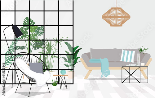 Interior with scandinavian sofa and urban jungle