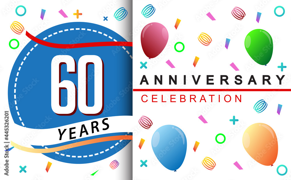 60th years anniversary celebration with colorful balloons and confetti, design for greeting card birthday celebration