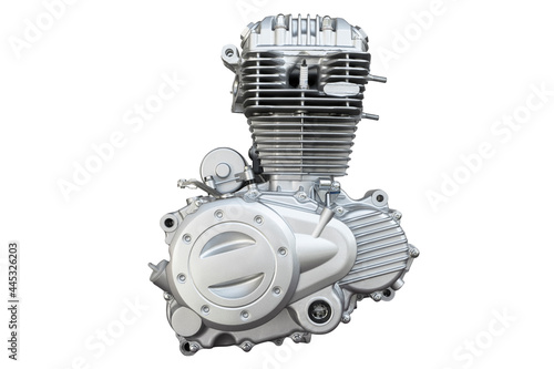 Motorcycle engine isolated on white background. Air cooled internal combustion engine for motorcycle, snowmobile or ATV. Silver engine close up. Isolated engine, Spare parts
