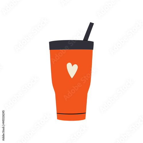 Travel tumbler with capand straw. Reusable cup, thermo mugs. Designs of thermos for take away coffee. Vector illustration isolated in flat and cartoon style on white background.