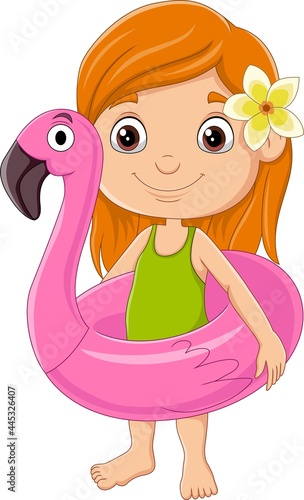Cartoon little girl with flamingo inflatable ring