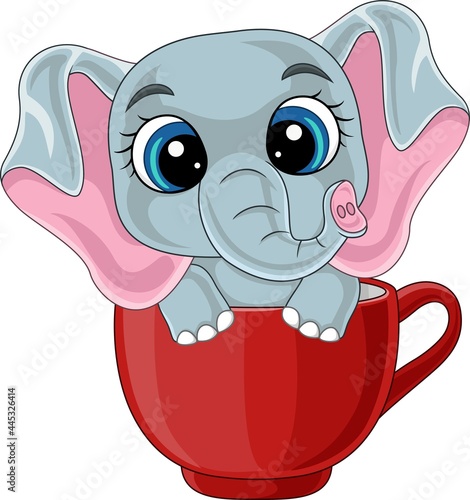 Cartoon cute baby elephant sitting in red cup