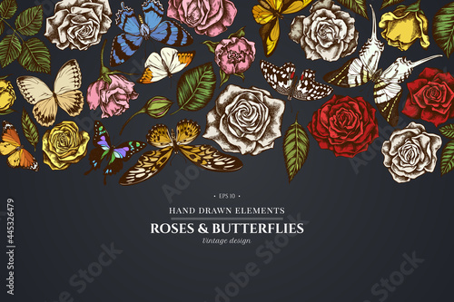 Floral design on dark background with lemon butterfly, red lacewing, african giant swallowtail, alcides agathyrsus, wallace s golden birdwing, purple spotted swallowtail, forest mother-of-pearl, great