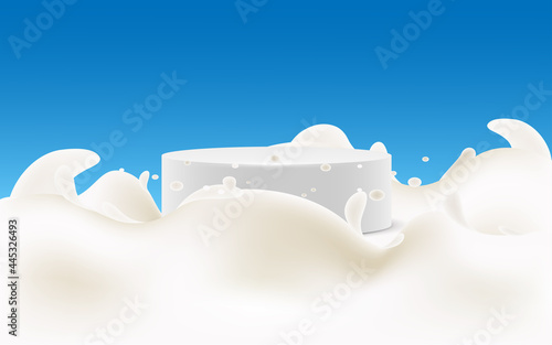 white podium in the white milk on the blue background
