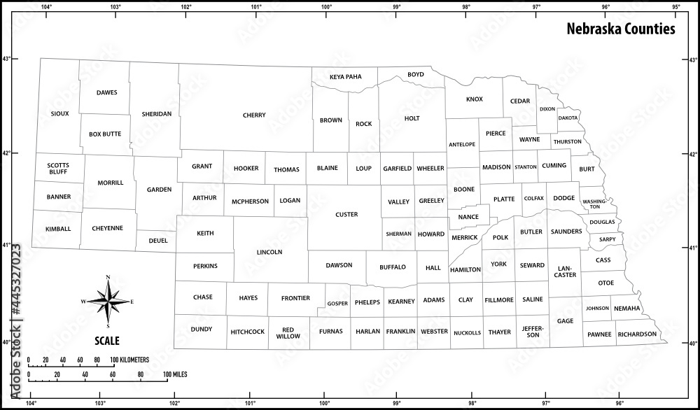 Fototapeta premium Nebraska state outline administrative and political vector map in black and white