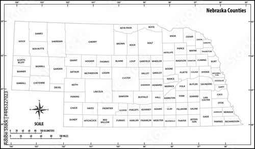 Nebraska state outline administrative and political vector map in black and white