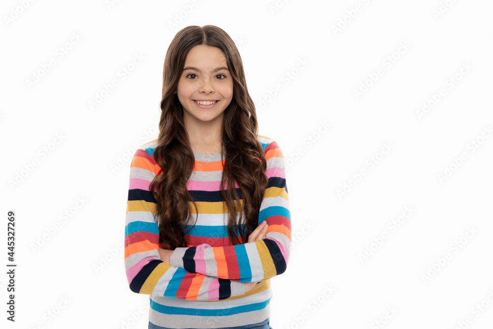 Confident girl child in striped sweater smile keeping arms crossed isolated on white, confidence Confident girl child in striped sweater smile keeping arms crossed isolated on white, confidence