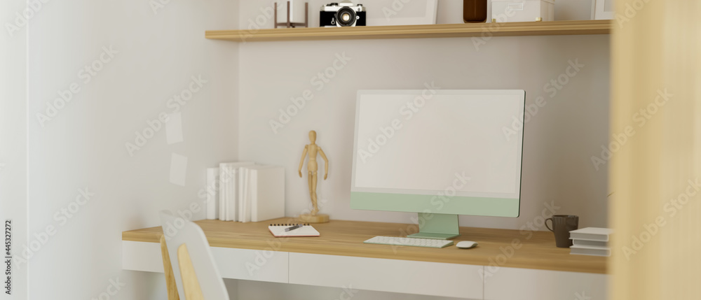 Computer with blank screen monitor in cozy Japanese working space designed Computer with blank screen monitor in cozy Japanese working space designed
