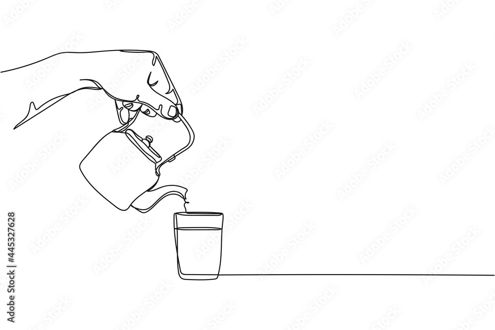 Continuous one line of hand pouring masala tea from a tea pot in silhouette on a white background. Linear stylized.Minimalist. Continuous one line of hand pouring masala tea from a tea pot in silhouette on a white background. Linear stylized.Minimalist.