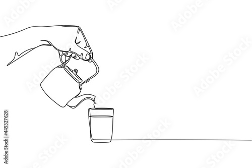 Continuous one line of hand pouring masala tea from a tea pot in silhouette on a white background. Linear stylized.Minimalist.