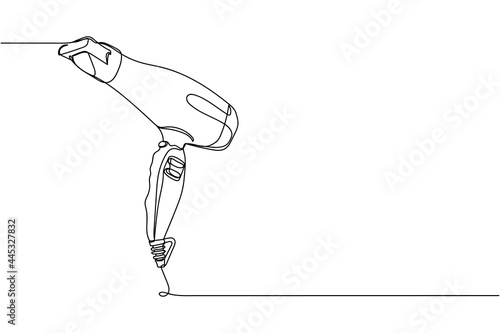 Continuous one line of hair dryer in silhouette on a white background. Linear stylized.Minimalist.