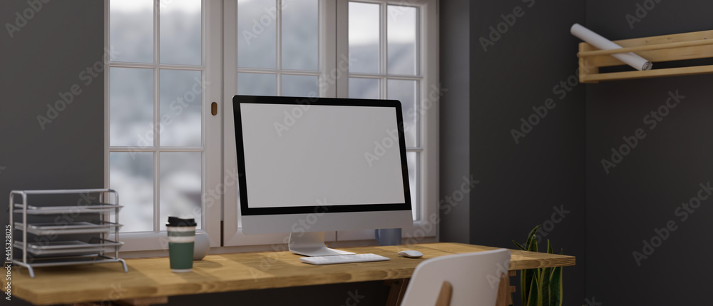 Home office concept designed with computer monitor mock-up on the wooden desk and black wallpaper 3d rendering Home office concept designed with computer monitor mock-up on the wooden desk and black wallpaper 3d rendering