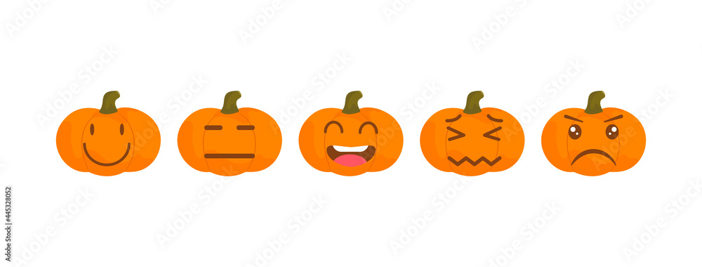 Vector emoji pumpkin halloween collection with different reactions for social media. Cute flat face isolated on white background. Modern emoticons Vector emoji pumpkin halloween collection with different reactions for social media. Cute flat face isolated on white background. Modern emoticons