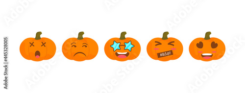 Vector emoji pumpkin halloween collection with different reactions for social media. Cute flat face isolated on white background. Modern emoticons
