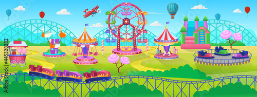 Fototapeta Naklejka Na Ścianę i Meble -  Theme Park scene with electric cars, ferris wheel, carrousel, trampoline. Amusement park. Vector illustration for children.