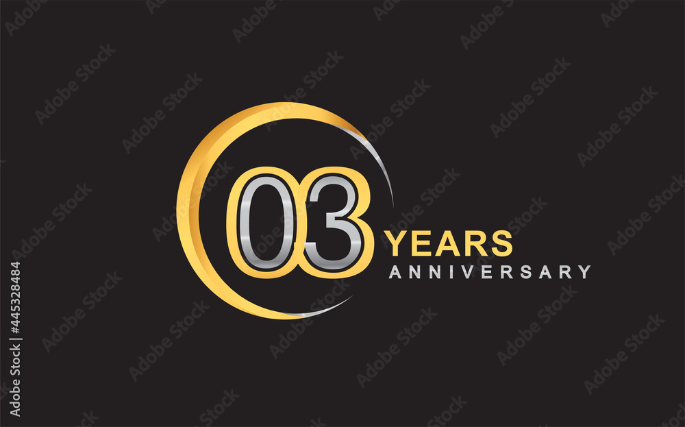 3rd years anniversary golden and silver color with circle ring isolated on black background for anniversary celebration event