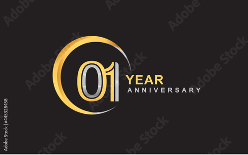 1st years anniversary golden and silver color with circle ring isolated on black background for anniversary celebration event