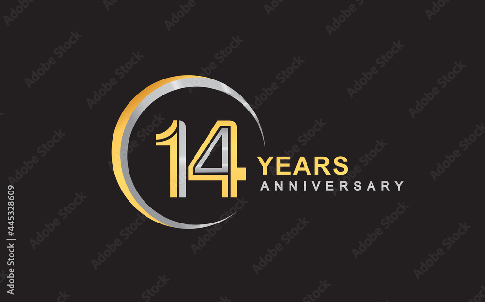 Obraz premium 14th years anniversary golden and silver color with circle ring isolated on black background for anniversary celebration event