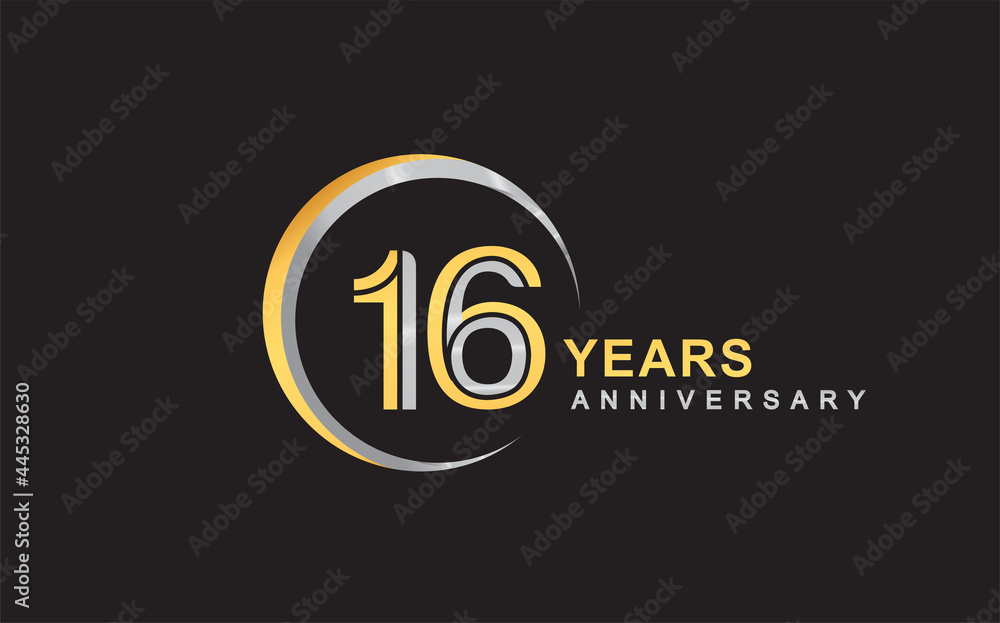 16th years anniversary golden and silver color with circle ring isolated on black background for anniversary celebration event