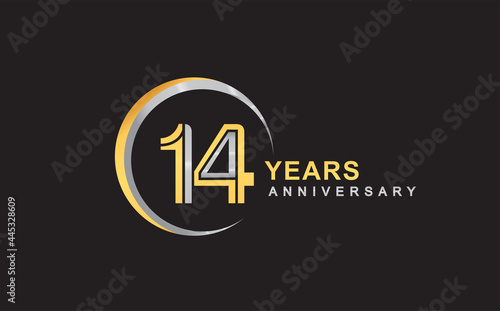 14th years anniversary golden and silver color with circle ring isolated on black background for anniversary celebration event