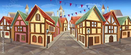  Old city street with chalet style houses. Vector illustration in cartoon style. Medieval town street with old  buildings by the day.