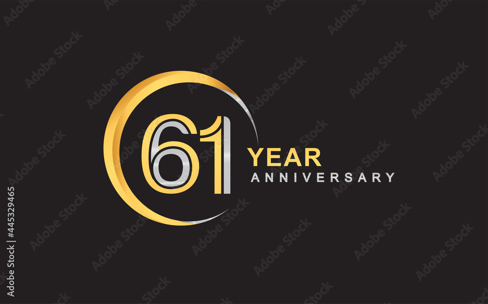 61st years anniversary golden and silver color with circle ring isolated on black background for anniversary celebration event