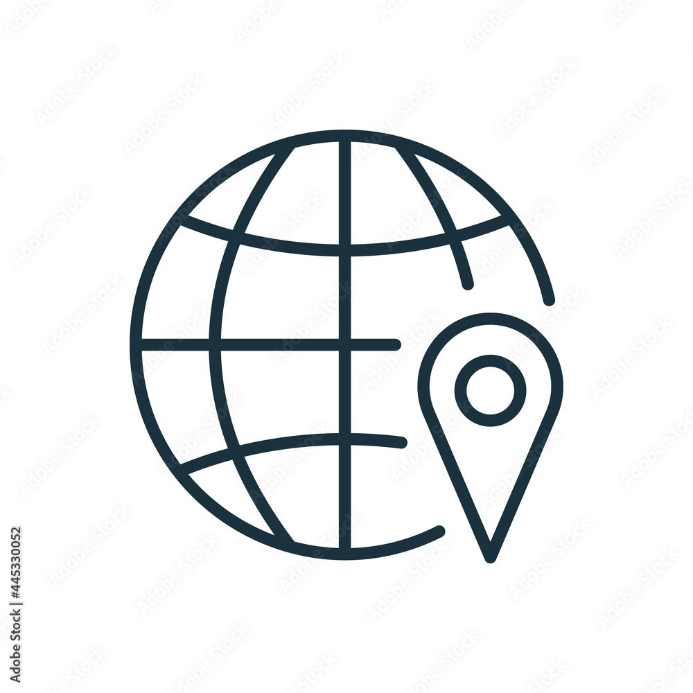 Planet Earth with Location Pin Linear Icon. Global GPS Navigation Icon. Travel Marker and Grid of Planet Earth Line Pictogram. Editable stroke. Vector illustration Planet Earth with Location Pin Linear Icon. Global GPS Navigation Icon. Travel Marker and Grid of Planet Earth Line Pictogram. Editable stroke. Vector illustration