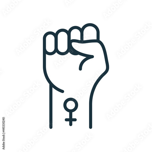 Symbol of Feminist Movement. Strong Fist Raised up with Female Gender Symbol. Girl Power, Female Protest Line Icon. Sign of Feminism and Women Equality. Editable stroke. Vector illustration
